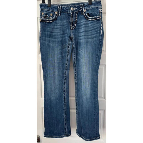 Miss Me Denim - Miss Me Jeans Womens 30 Sunny Boot Blue Medium Wash Distressed Denim Embroidered